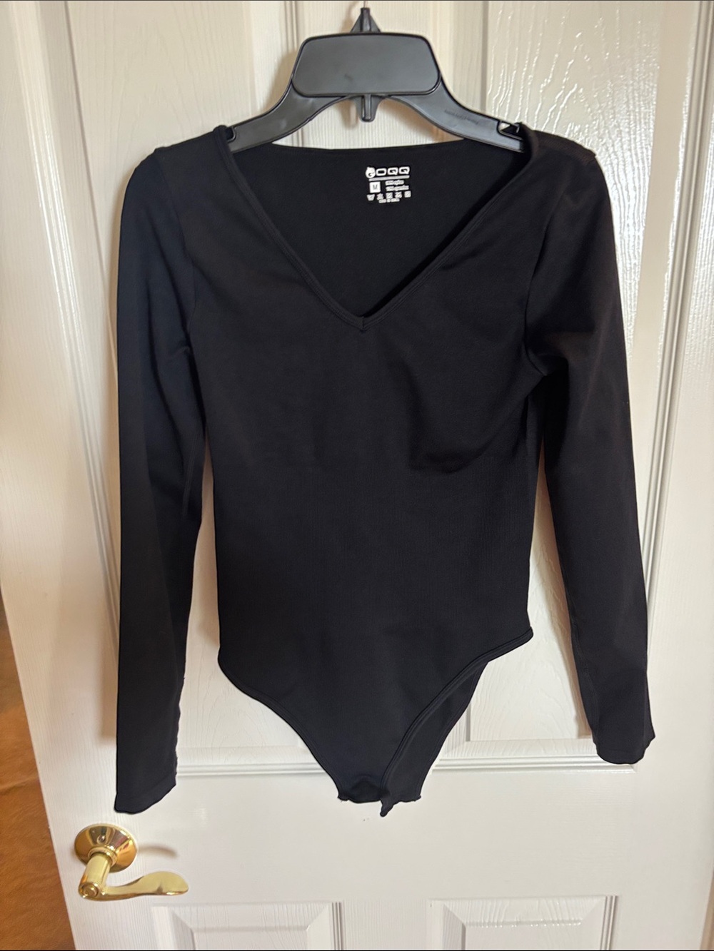 OQQ Black Long-Sleeve V-Neck  One-Piece Bodysuit